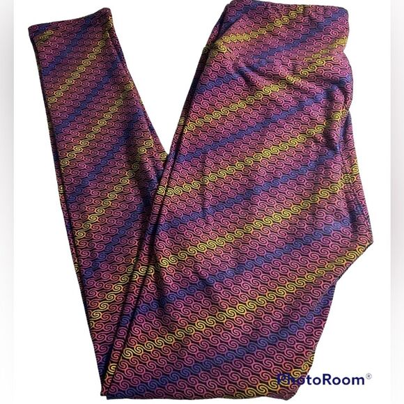 LulaRoe Leggings One Size Pink, Purple and Yellow Geometric Pattern - Picture 1 of 4